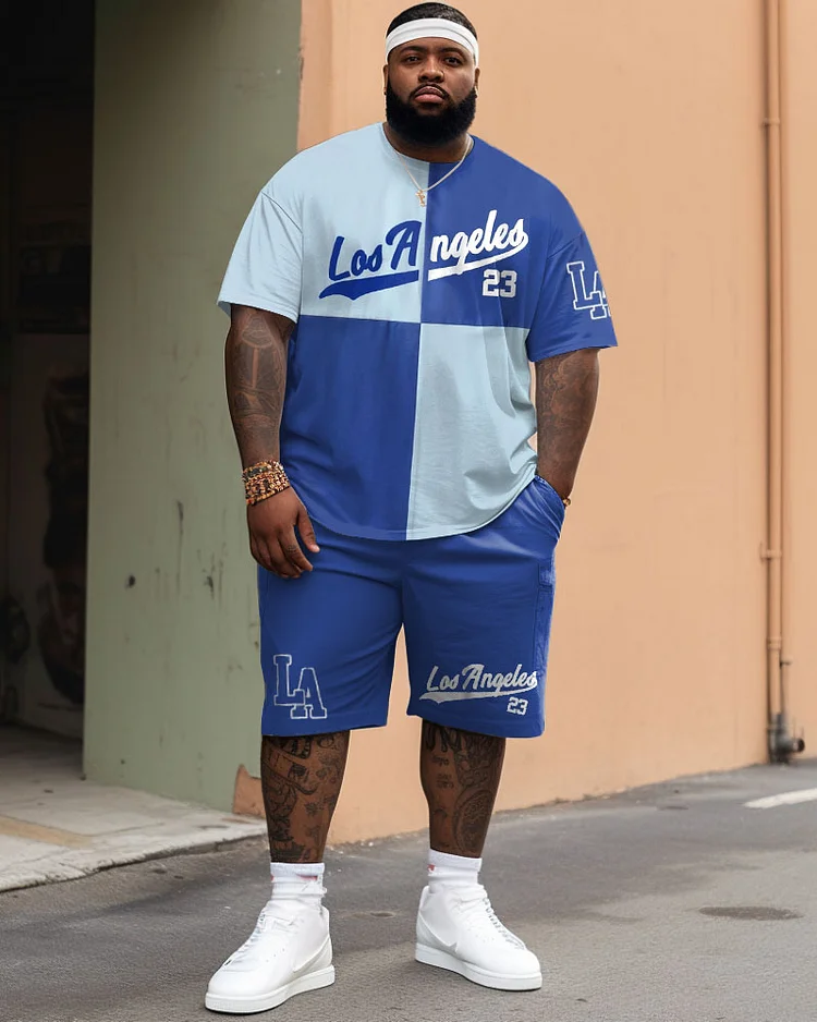 Men's Large Size Casual Simple Gradient Color Blocking Short Sleeve Shorts Suit