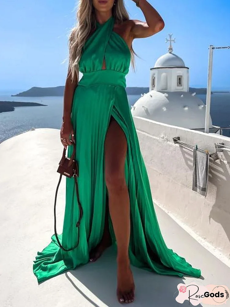 Women Summer Sexy Sleeveless Backless Cross Halter Holiday Seaside Dress Ladies Fashion Solid Color Hollow Slit Maxi Dress