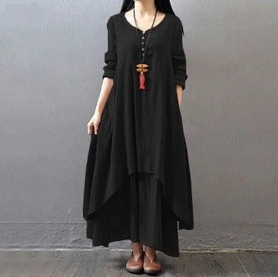 Uveng Two-piece Long Linen Dress Loose Sleeve Dresses