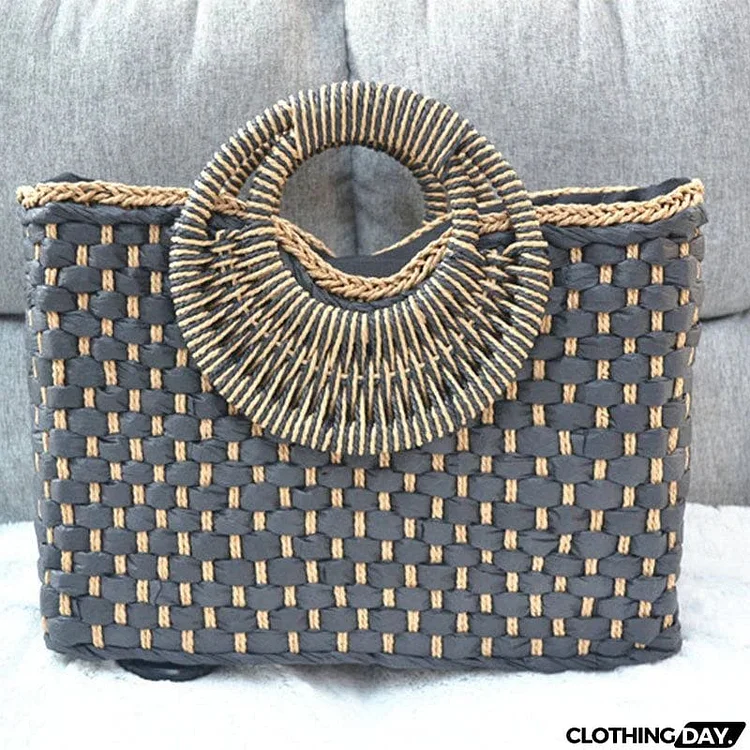 Vintage Square Handwoven Beach Straw Bag