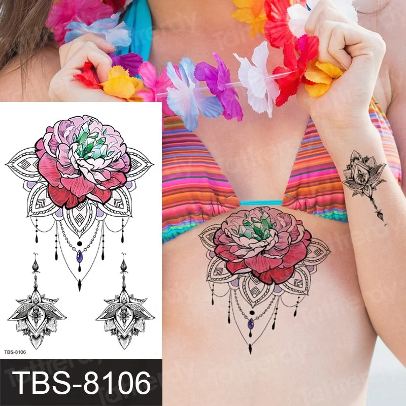 rose lotus flower temporary tattoo for women girls sexy body tattoo sticker girl tatouage temporaire femme back tatoo fake