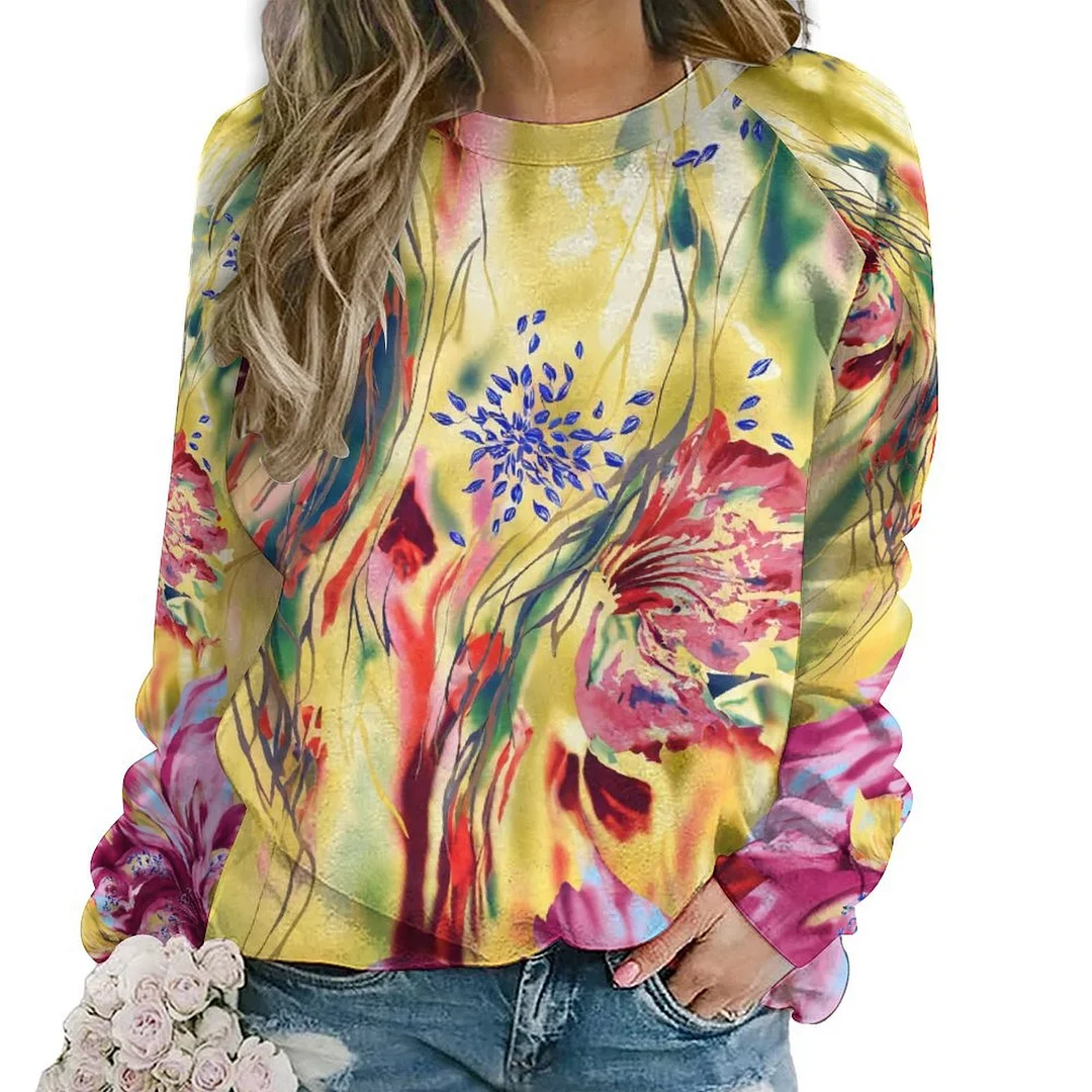 Printed Long Sleeve Casual Sweatshirt for  Women and Men Unisex Pattern Floral, Yellow, Red
