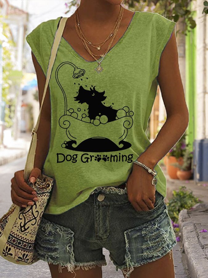 Women's DOG GROOMING Dog Paw Funny Letted V-Neck Short Sleeve Tee