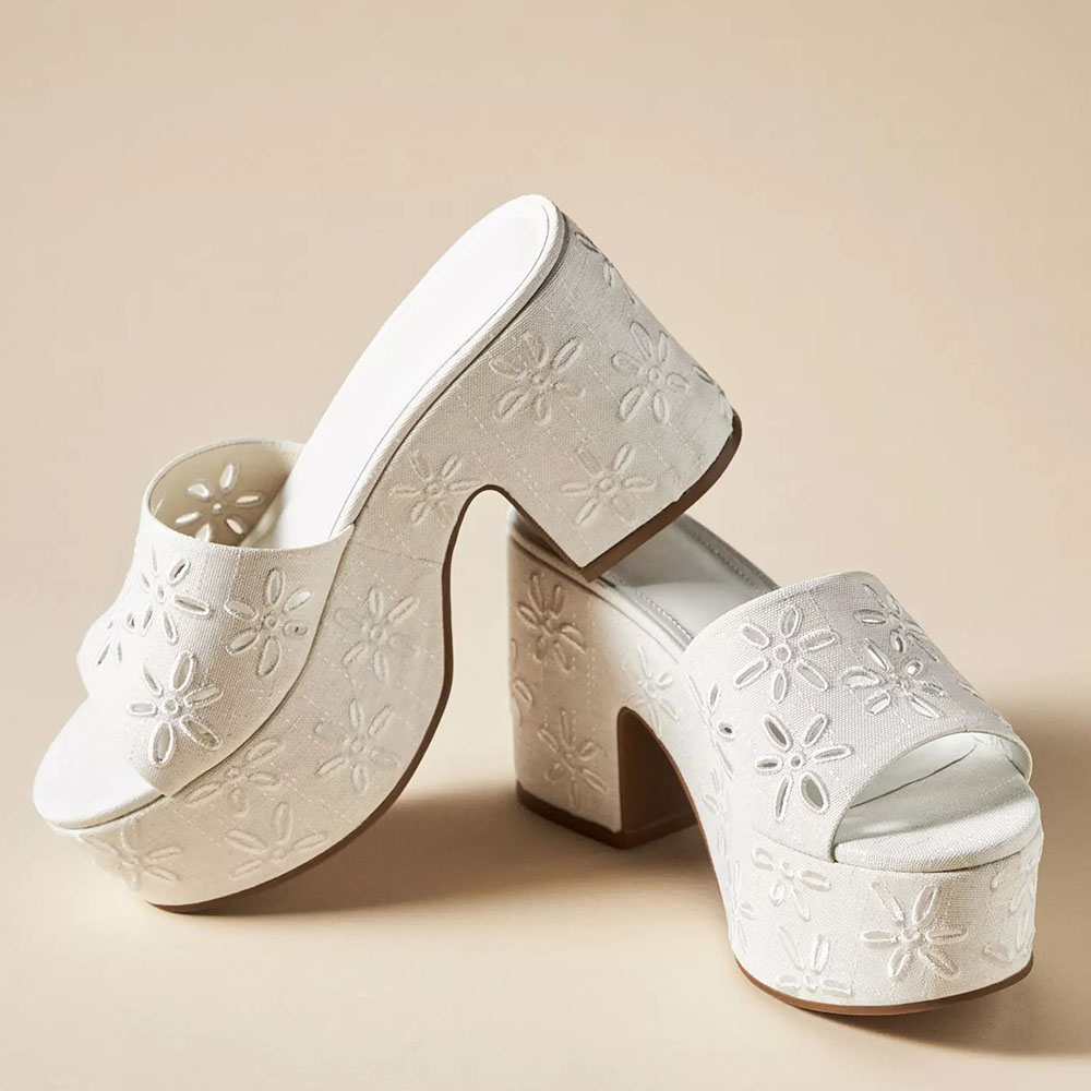 Ivory Round Toe 4'' Chunky Heel Wide Band Floral Platform Mules Nicepairs