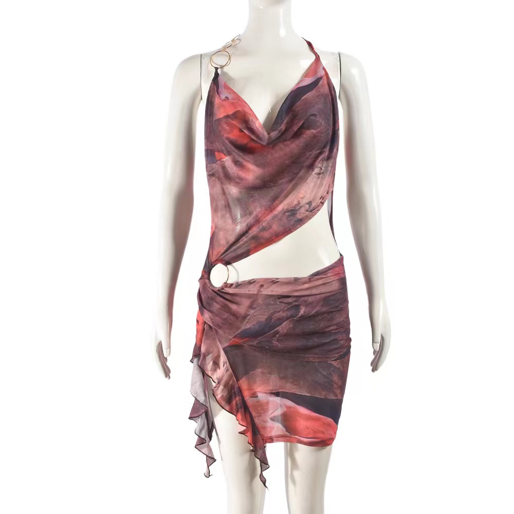 Sweetalys Short Skirt Women's Clothing Sexy Printing Sleeveless Dresses Female with Exposed Navel Irregular Suspender Dress Summer 2025