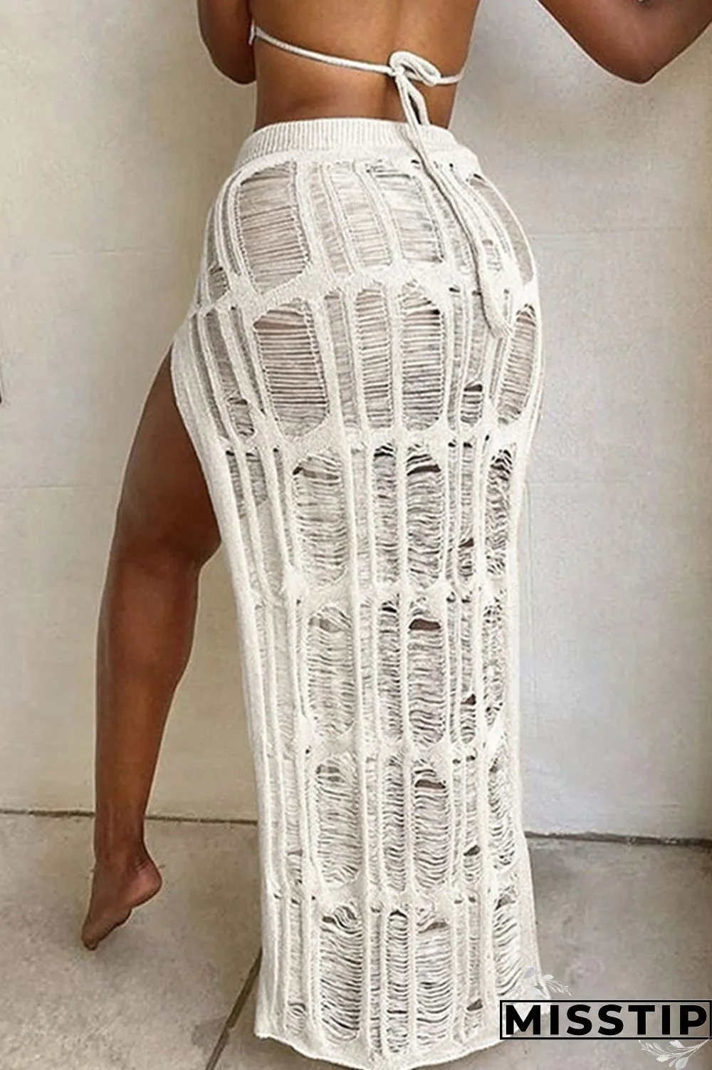 Khaki Sexy Solid Hollowed Out Patchwork Backless Slit Halter Sleeveless Two Pieces