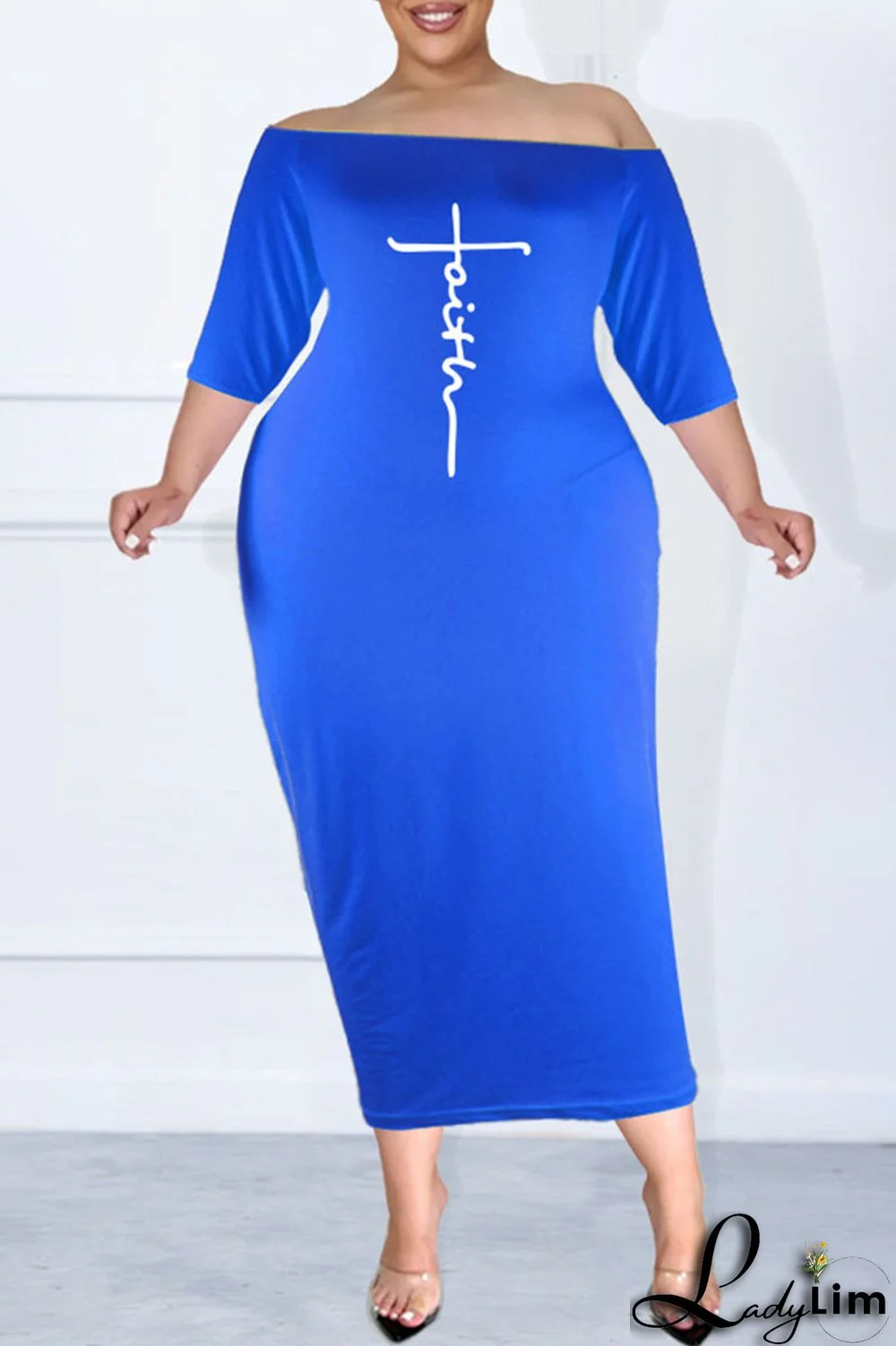 Blue Sexy Casual Letter Print Split Joint Off the Shoulder One Step Skirt Plus Size Dresses