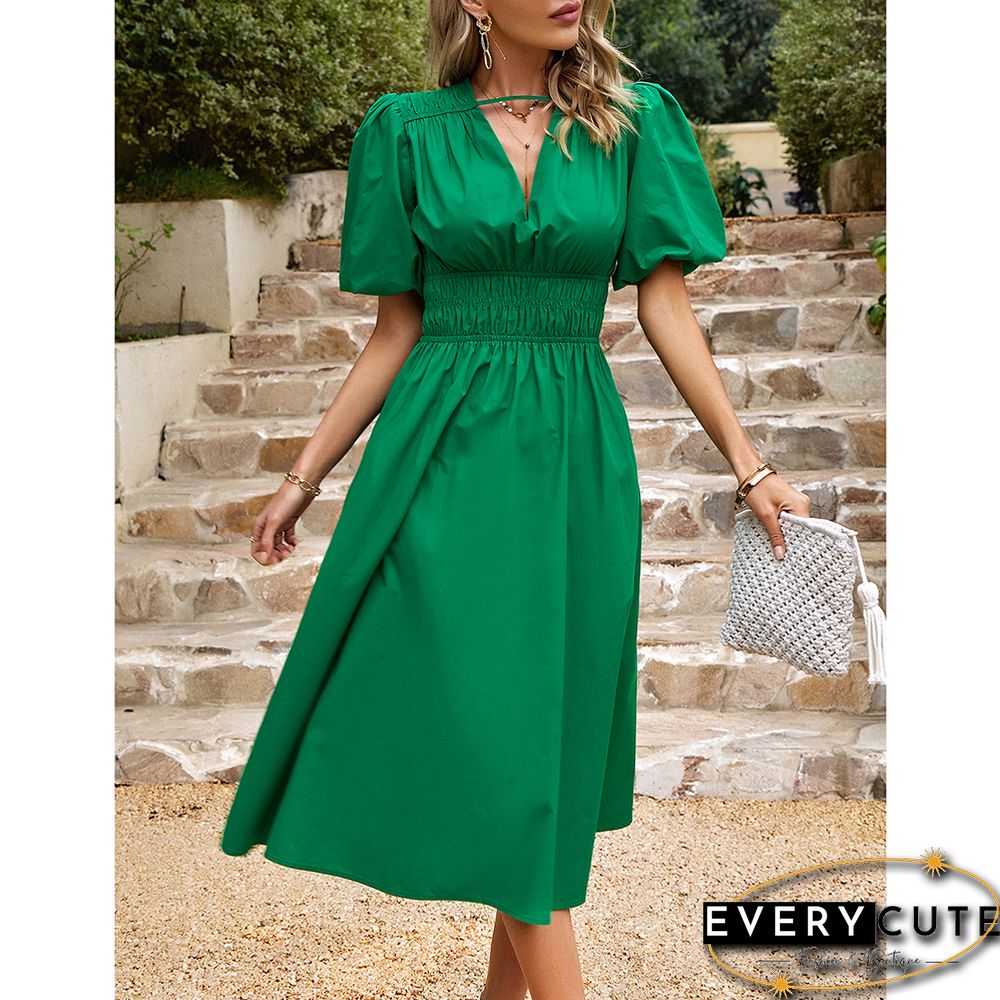 Green Solid V Neck Pleated Waist Midi Dress