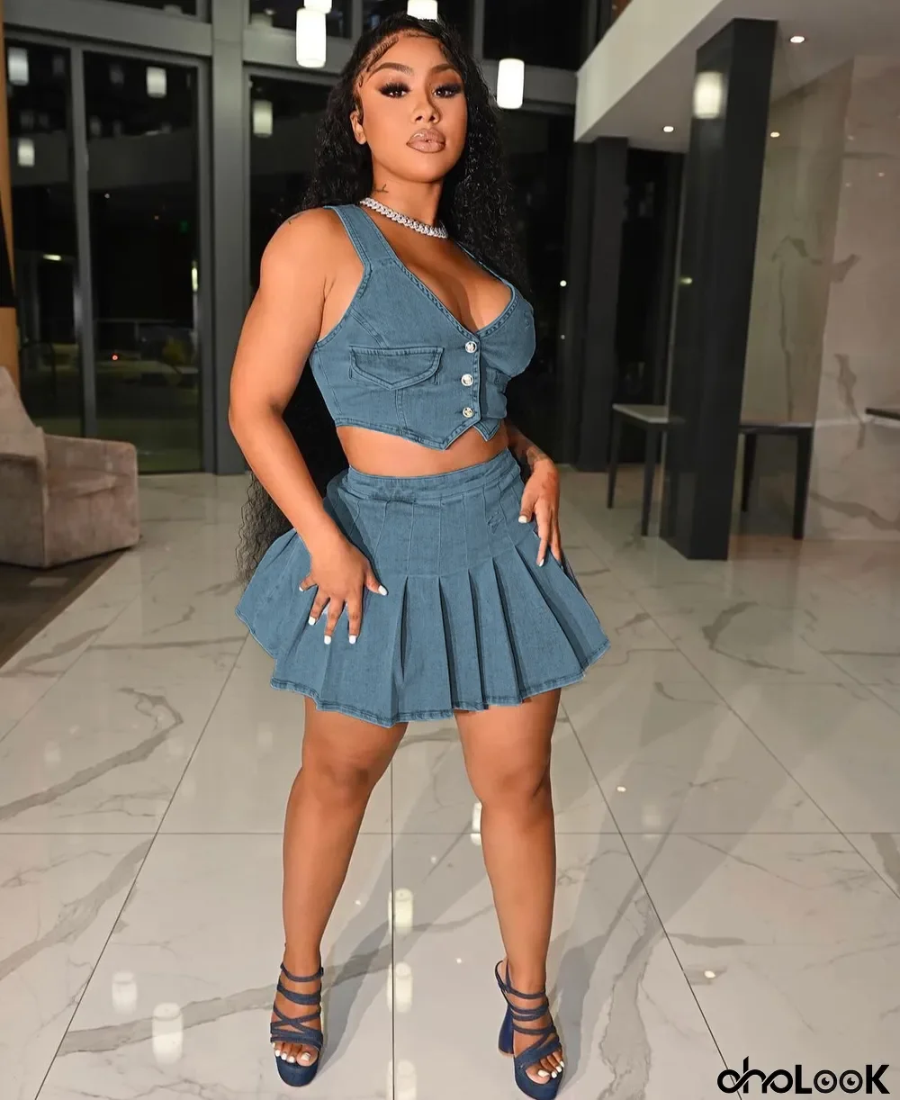 Denim sundress skirt suit summer women's vest pleated skirt suit