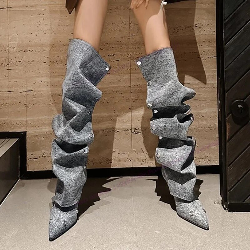 VCSHOES Denim Rivet Decor Pleated Knee High Boots Pointed Toe Shoes For Women Thin High Heels Lady Shoes Zapatos Para Mujere