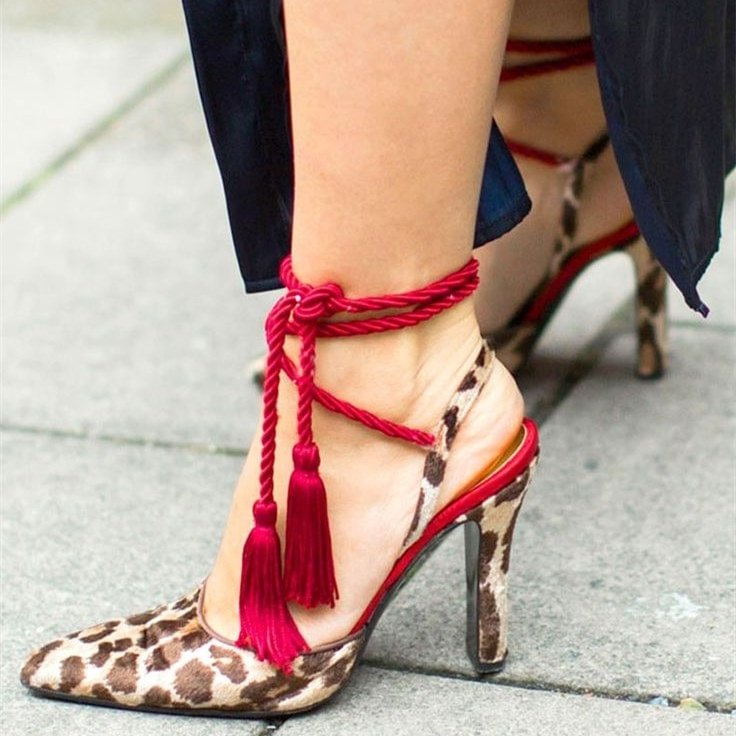 Leopard Print Heels Red Tassels Strappy Heels Slingback Pumps |FSJ Shoes