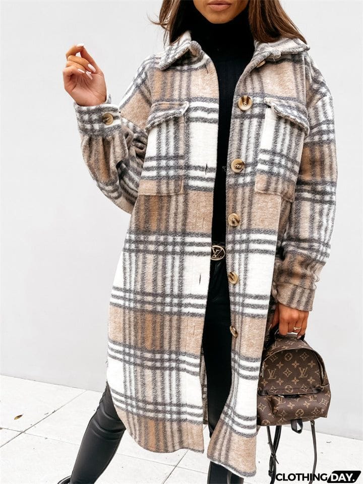 Women's Fashion Long Plaid Shacket Coat