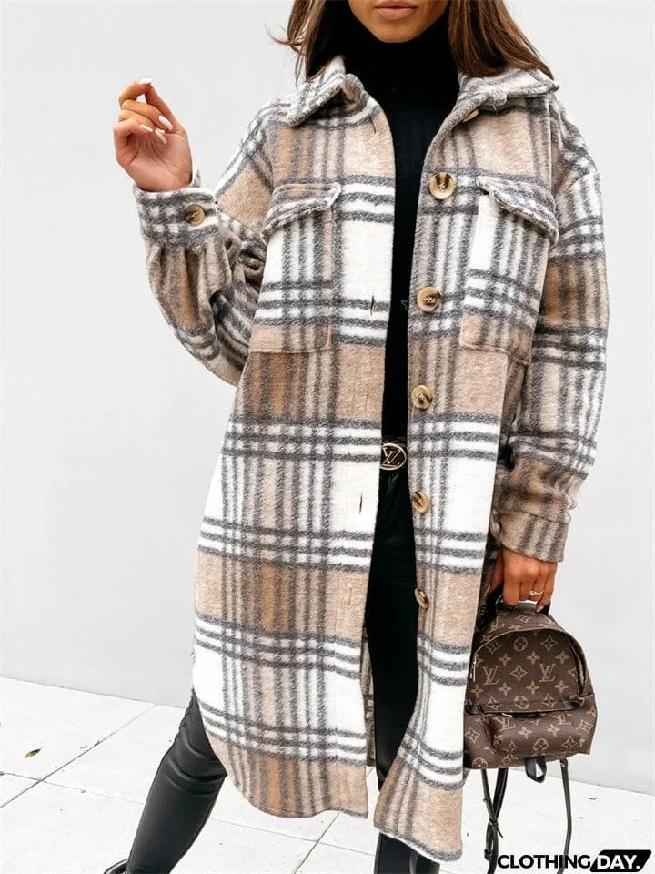 Women's Fashion Long Plaid Shacket Coat