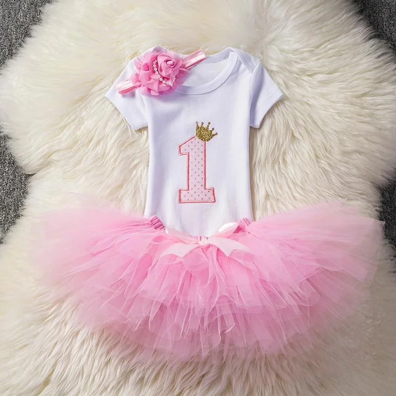 Flower Headband Short Sleeve Top and Tutu Dress Outfits 3pcs for 1 Year Baby Girls First Birthday Party Cotume Newborn Clothes