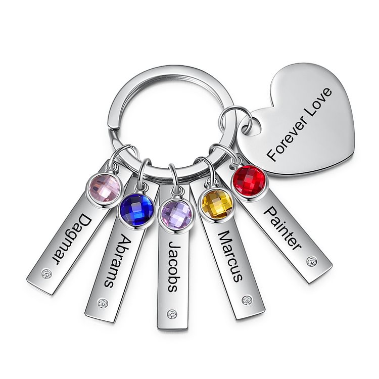 Personalized Keychain with Engraved 5 Name 、5 Birthstone and 5 Text Crystals