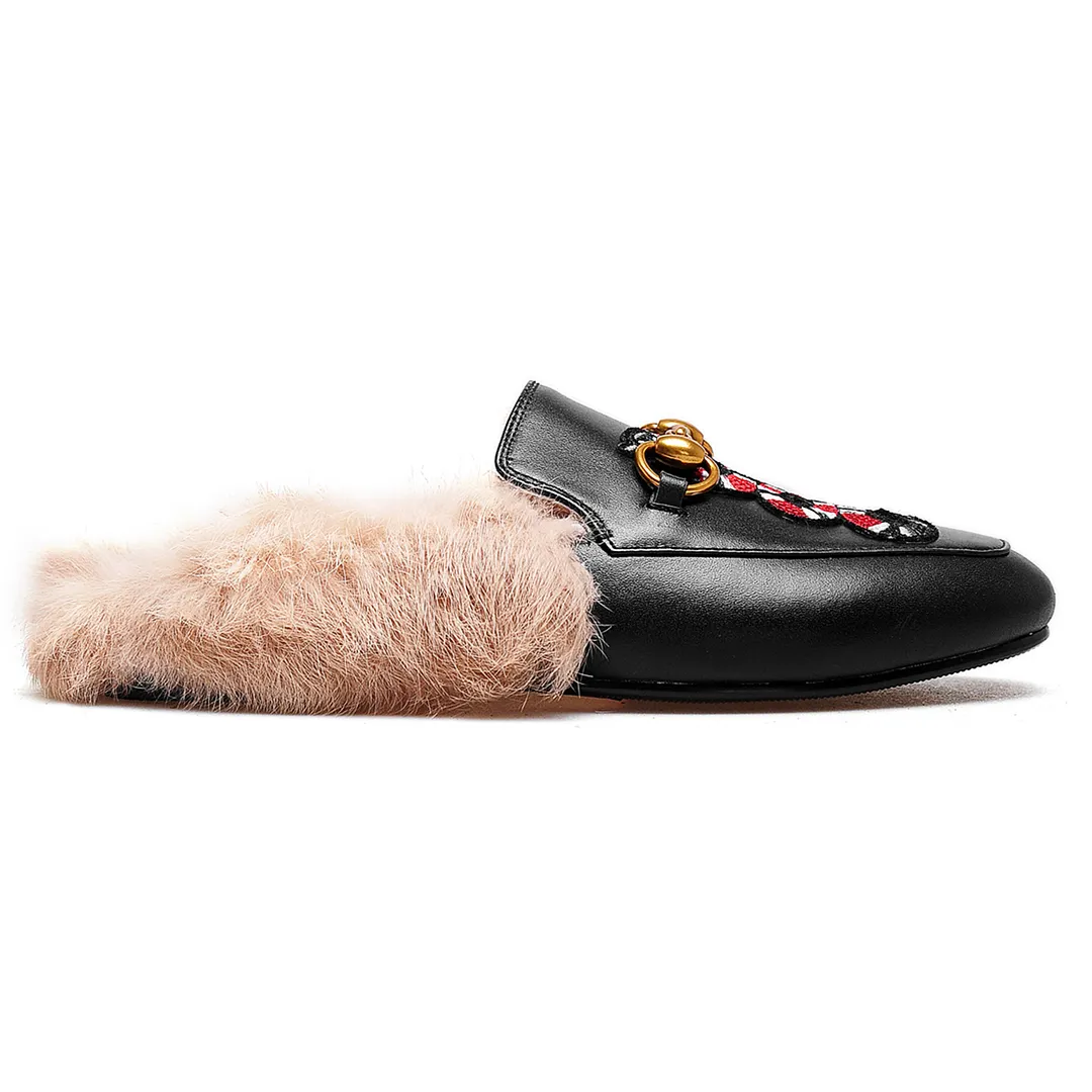 Black Red Snake Pattern Rabbit Fur Flats Mules Shoes-vocosishoes