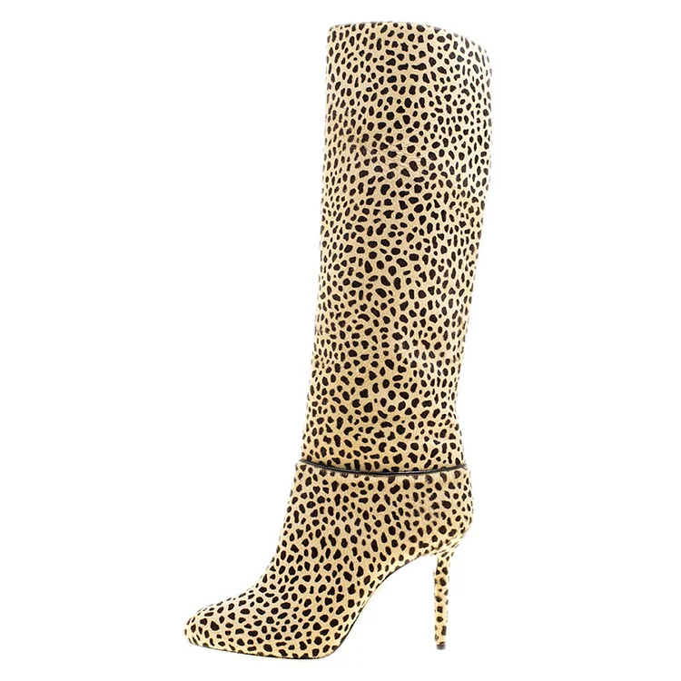 Khaki Leopard Print Stiletto Heels Long Boots Round Toe Knee Boots |FSJ Shoes