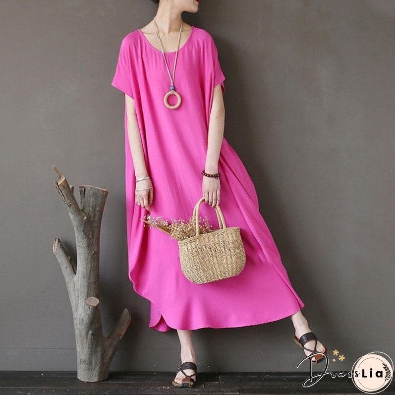 Women Cotton Short Sleeve Plain Pink Loose Dress