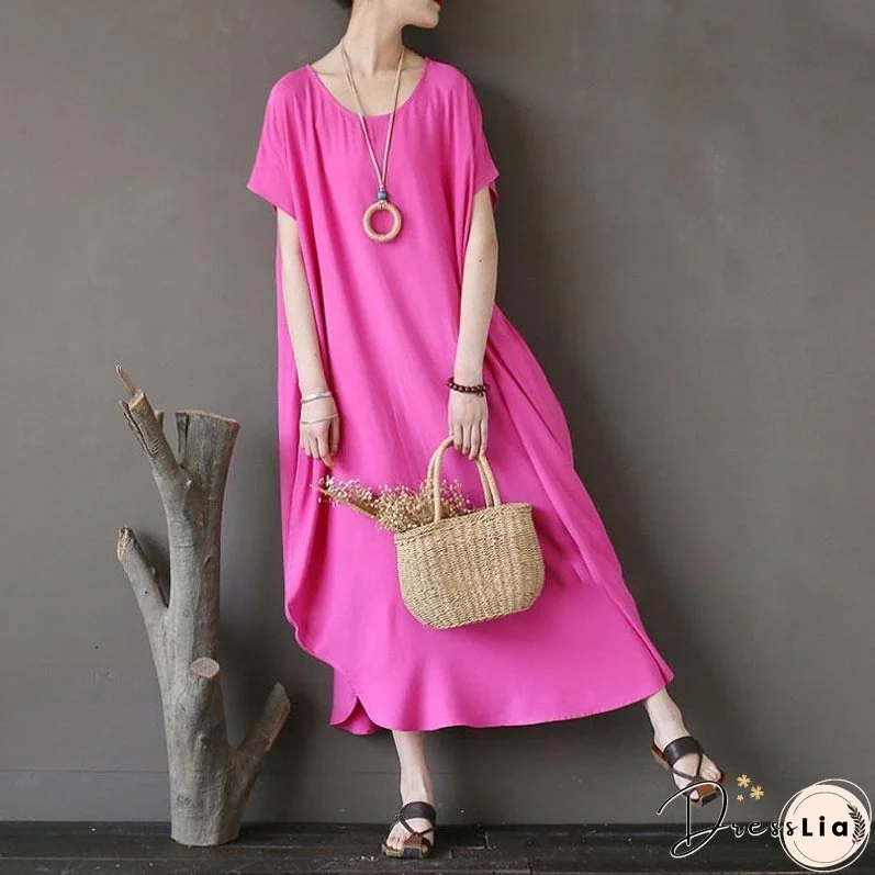 Women Cotton Short Sleeve Plain Pink Loose Dress