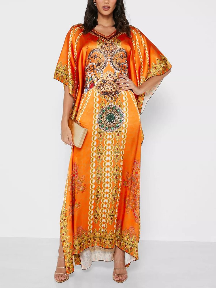 Orange printed faux silk maxi dress