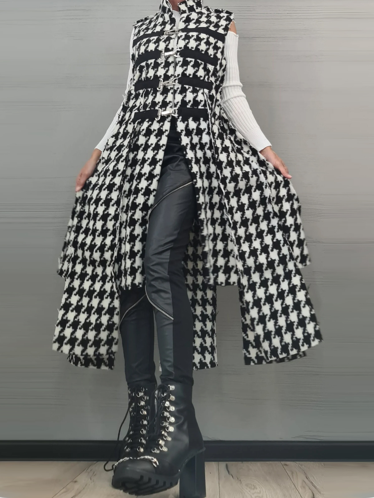 Stand Collar Houndstooth Print Asymmetric Hem Sleeveless Long Vest