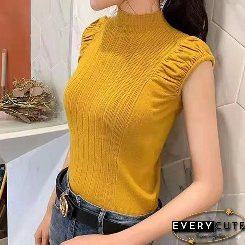 Women Tank Tops Summer Knitted Crop Tops Pleated Puff Sleeve Casual Turtleneck Short Sleeve Tees For Women Summer