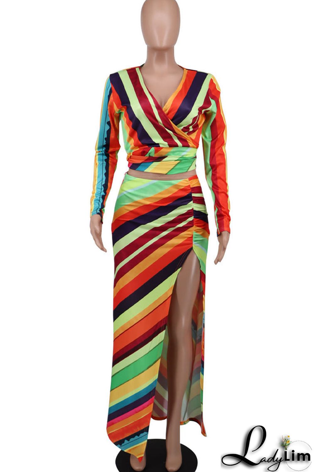 Red Casual Print Patchwork Slit V Neck Long Sleeve Two Pieces