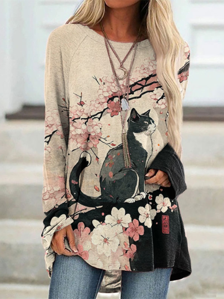 Comstylish Japanese Art Style Floral Cat Print Tunic