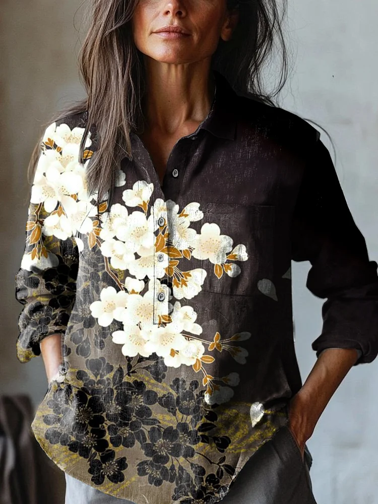 Women's Vintage  Flower Art Print Casual Cotton And Linen Shirt