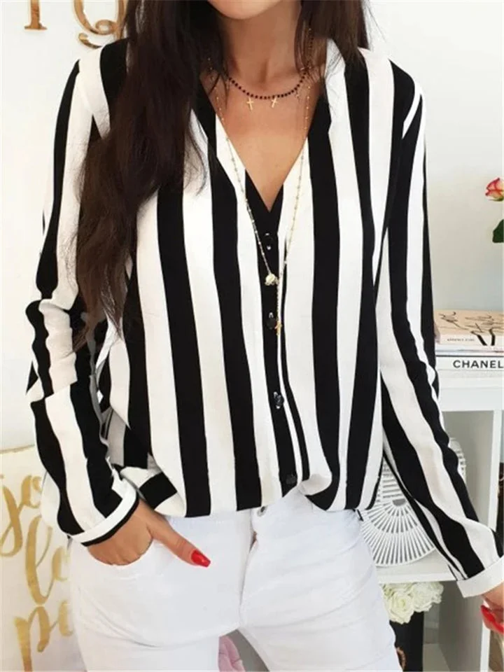 New Women's Casual Striped Long Sleeve Blouses  V-Neck Design Female Shirts