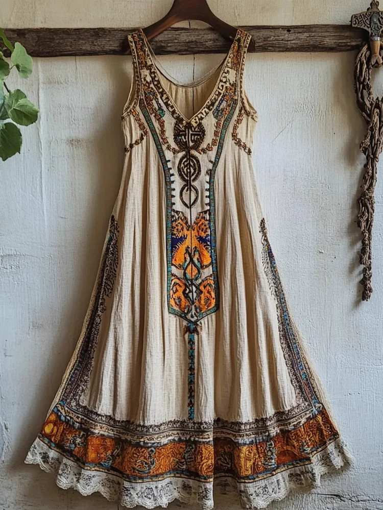 Utbros Vintage Bohemian Floral Linen Tank Dress