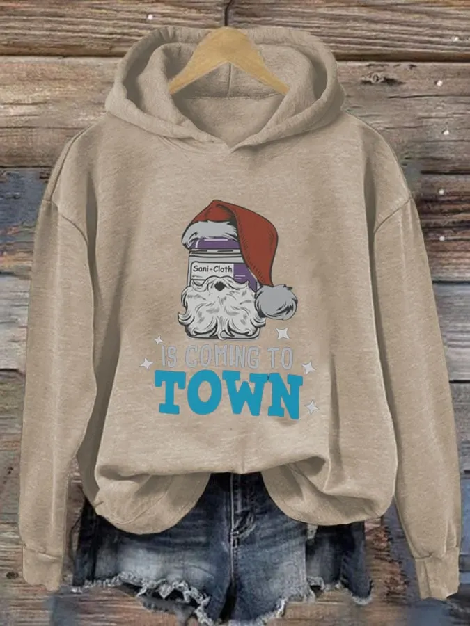 Women's Santa's Coming to Town Print Casual Long Sleeve Hoodie