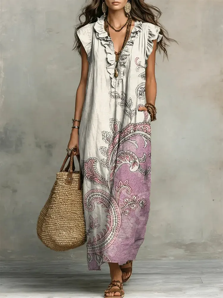 Women's Retro Floral Pattern Art Print Casual Ruffled Stylish Cotton Linen Dress