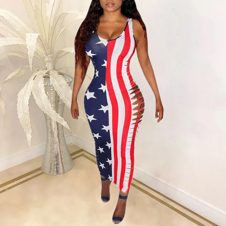 Flag Print Sleeveless Cut Out Maxi Dress - IRBOOM Fashion Clothing
