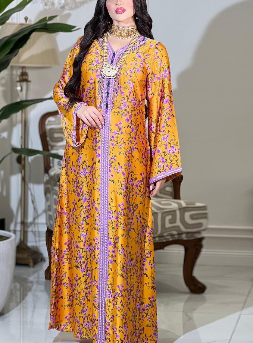 Women's Floral Print with Lace V-neck Long Sleeve Kaftan | Oxredo Shop Ramadan Sale