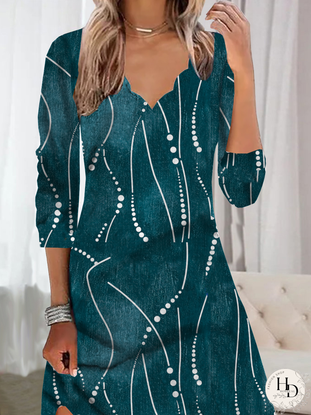 Women Polka Dots Casual Autumn Natural Jersey Midi Three Quarter H-Line Regular Size Dress