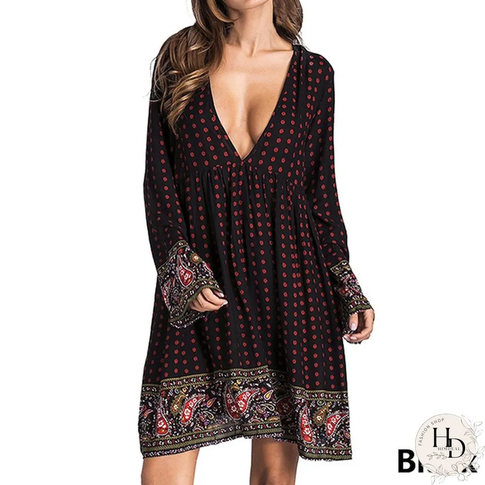 Women Boho Mini Dress Floral Printed Long Sleeve Deep V-Neck Loose Party Beach Short Dress