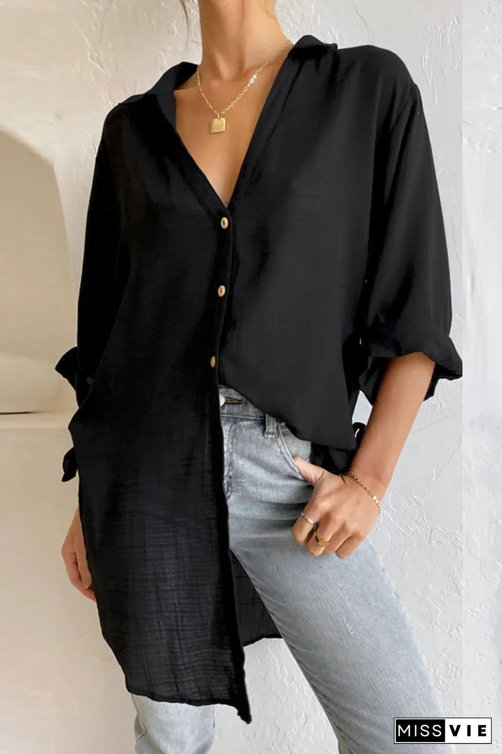 Rolled Up Sleeve Side Knot Button Shirt