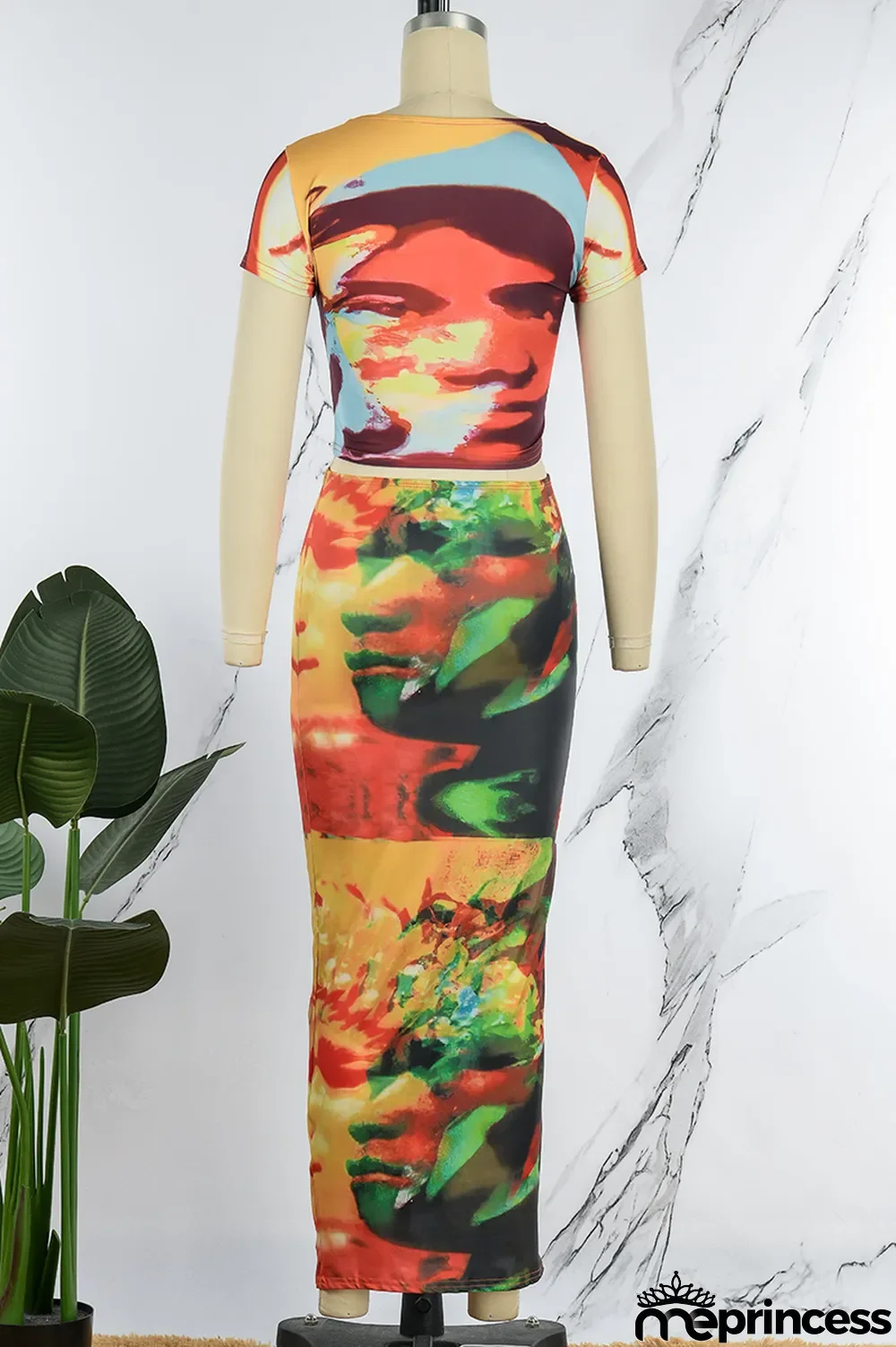 Colour Sexy Print Basic O Neck Short Sleeve Two Pieces