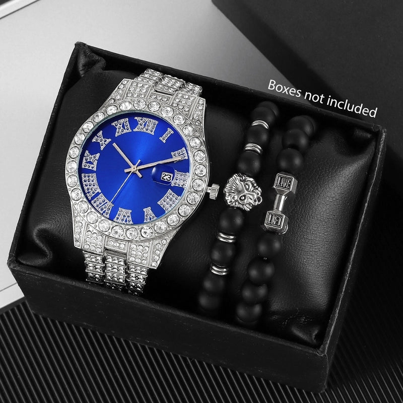 Light Luxury Men’s Business Rhinestone Calendar Watch, Colored Noodles And Bracelet Lion’s Head 3 Pieces