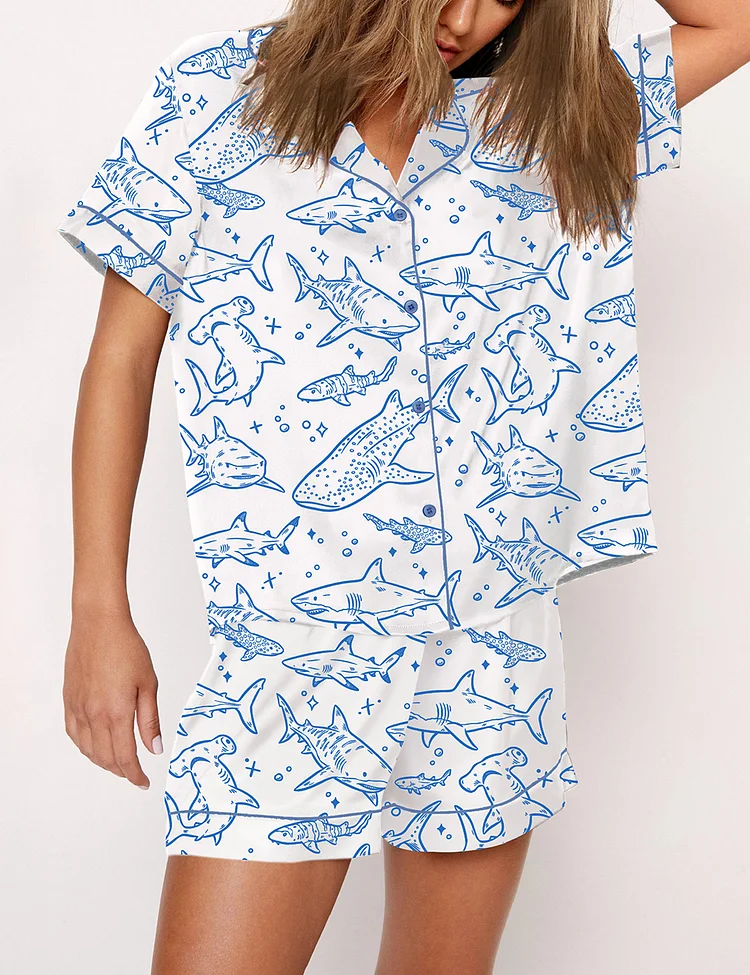 Women’s Shark Respect The Locals Hand Drawn Shark Summer Beach Travel Print Short Sleeve Satin Pajama Set
