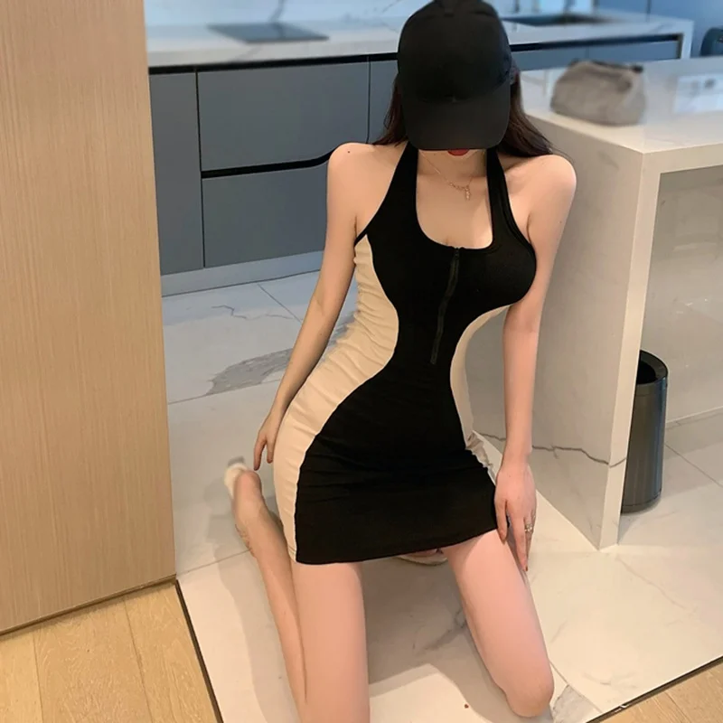 Uaang Bodycon Mini Dress Women Korean Contrast Color Halter Zipper Backless Slim Sexy Sleeveless Dresses