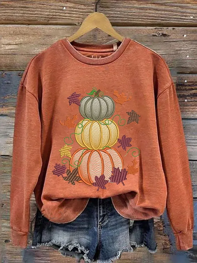 Women's Thanksgiving  Autumn Leaves Pumpkin Print Crew Neck Sweatshirt 