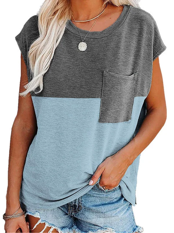 Women's Scoop Neck Short Sleeve Colorblock Printed Tops