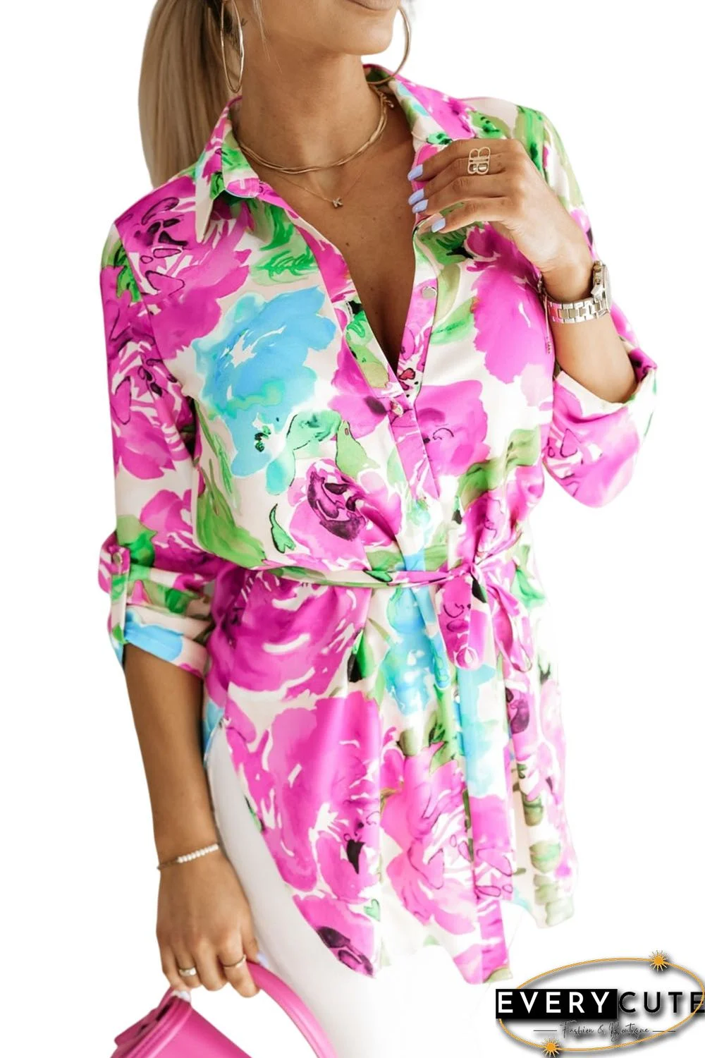 Purple Floral Print Lace-up Roll Tab Sleeve Tunic Shirt