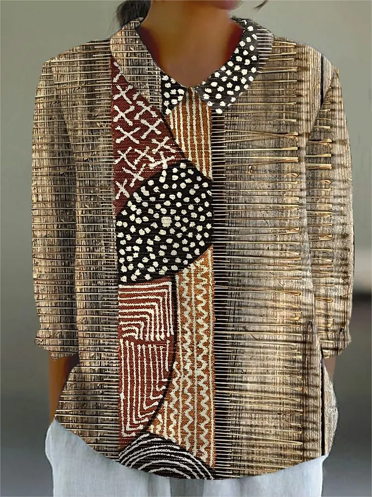 Women's Vintage Abstract Geometric Art Print Casual Cotton And Linen 3/4 Sleeve Shirt