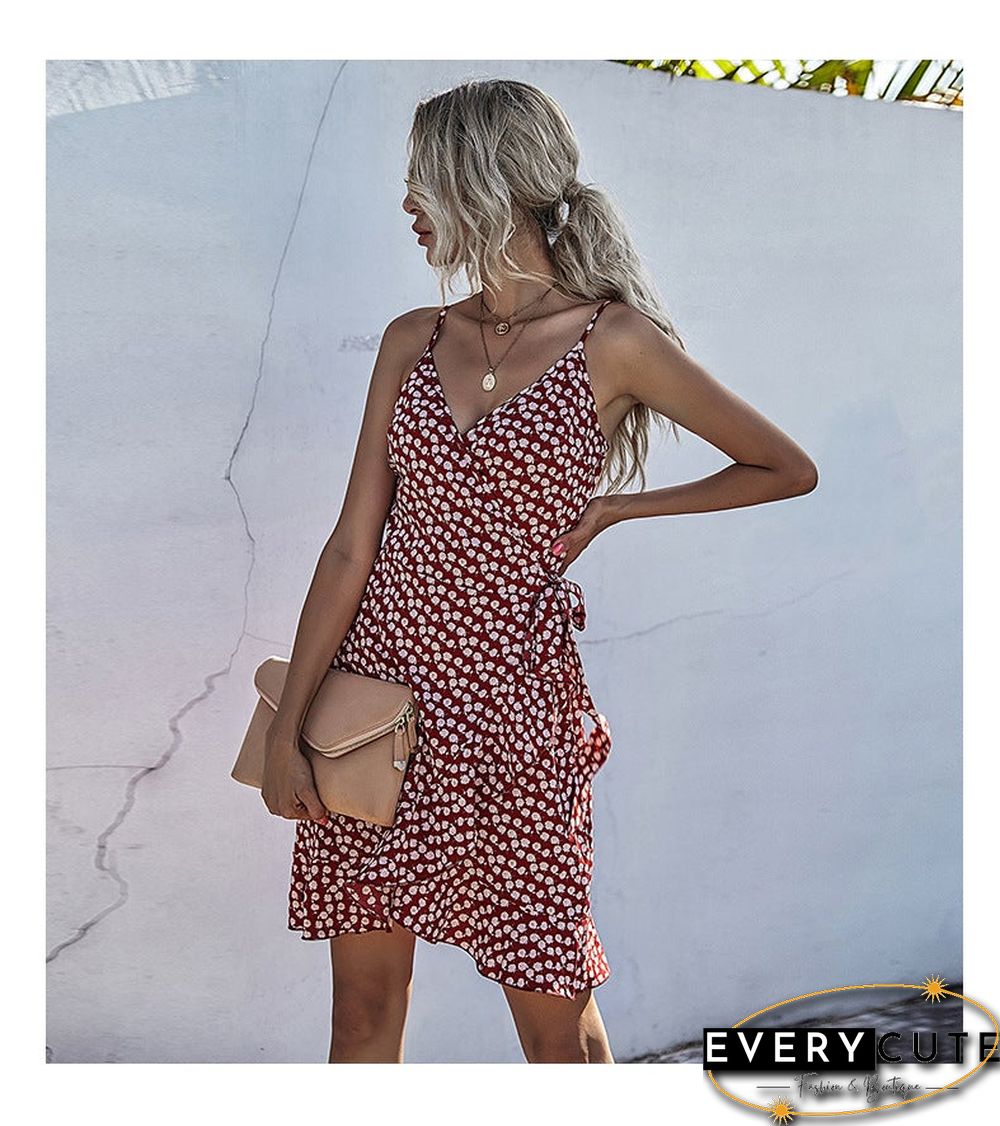 Summer Printing Irregular Ruffled Suspenders Dress Women