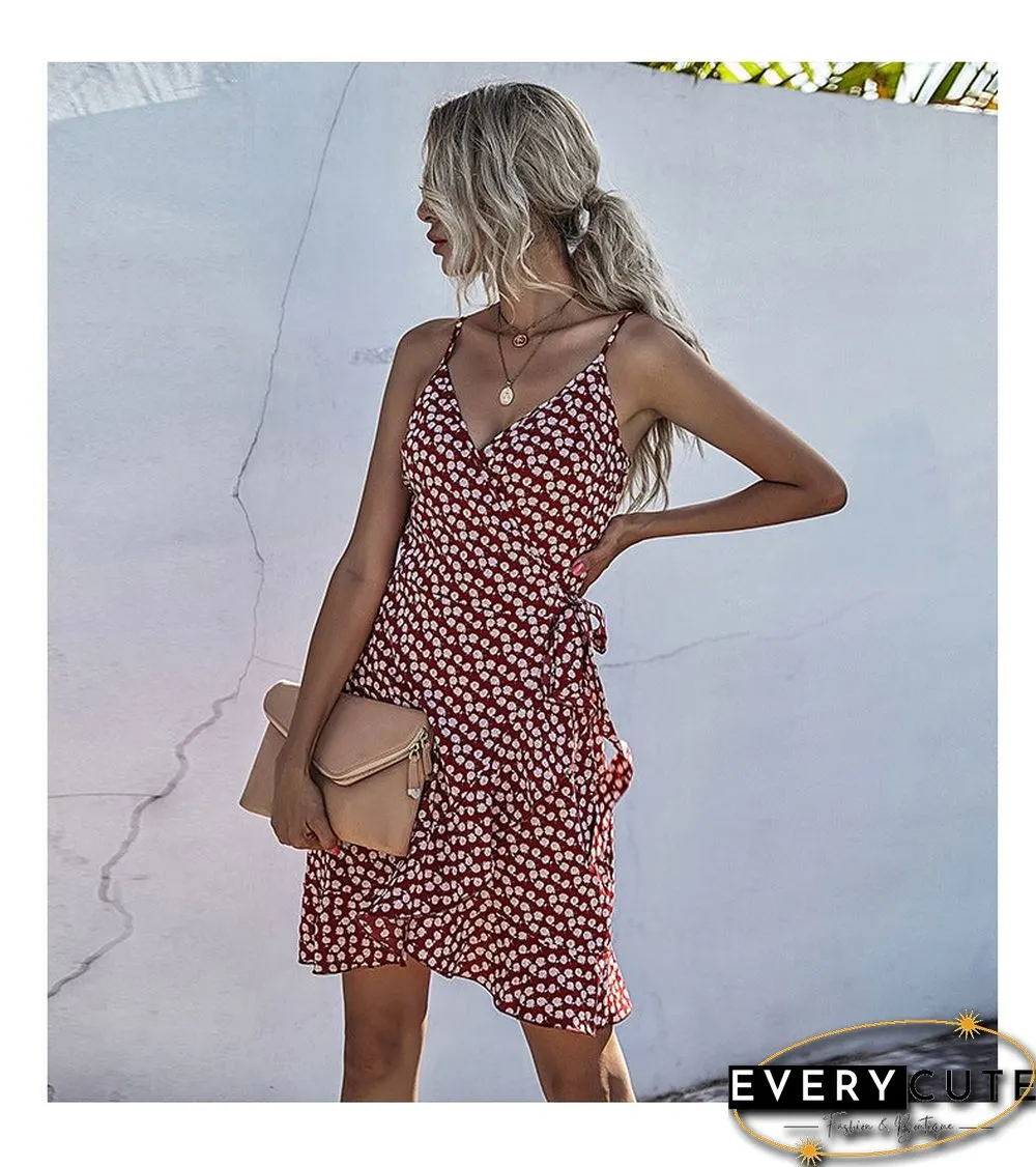 Summer Printing Irregular Ruffled Suspenders Dress Women