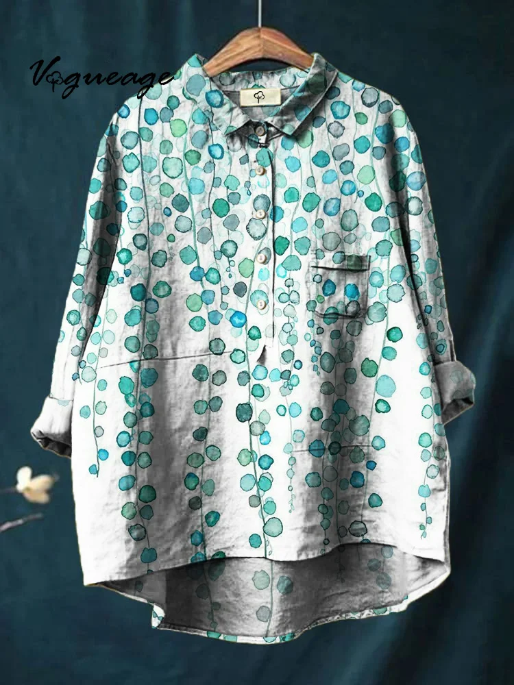 Simple Soft Stylish Plants Printed Cotton And Linen Shirt