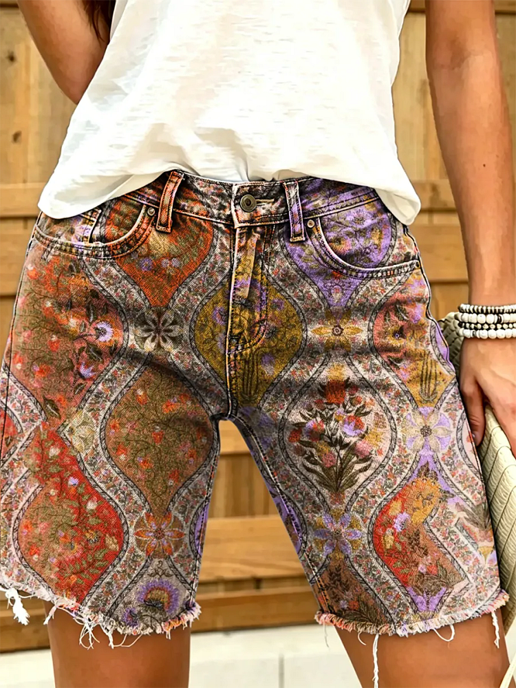 Women's Vintage Floral Print Denim Shorts